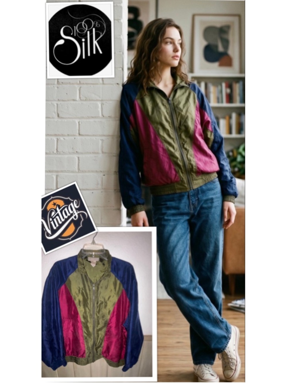 Vintage 100% Silk Women's Med 90's Windbreaker Retro Colorblock Jacket